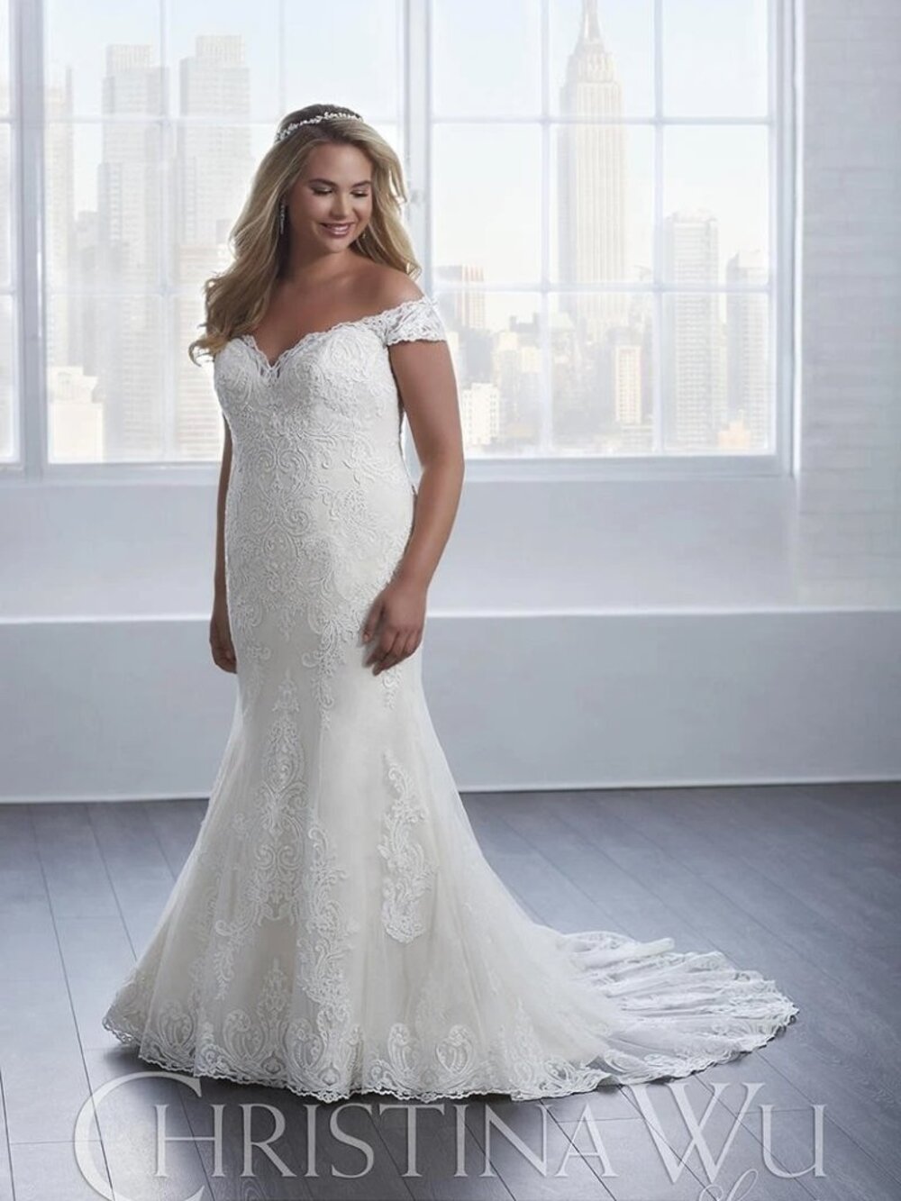 Christina Wu White Lace Sequin Off The Shoulder Wedding Gown